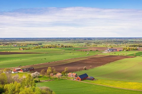 View of a cultivated plain landscape with farms and red barns a sunny spring day in th e