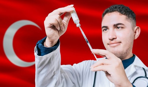 Doctor holding syringe on Turkey flag background. Medical professional holding syringe with Turkish