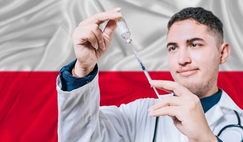 Doctor holding syringe on Poland flag background. Medical professional holding syringe with Polish