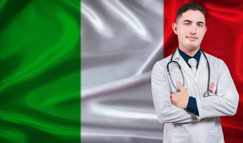 Portrait of medical professional on Italy flag background. Italian national health system