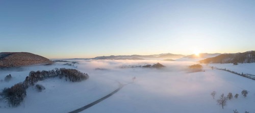 Aerial view of sunset and fog, Schwarzensee, Weissenbach an der Triesting, Lower Austria, Austria