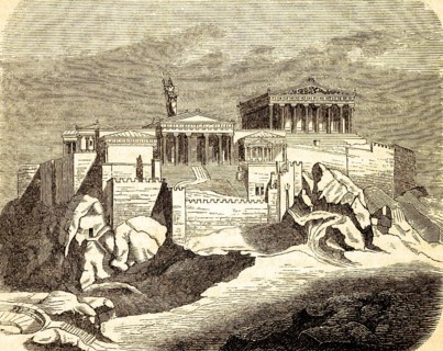 Acropolis, restored view, architecture, temple complex, rock hill, fortress, walls, statue, Athens,