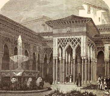 Partial view of the lion courtyard of the Alhambra, Granada, architecture, fountain complex, lion