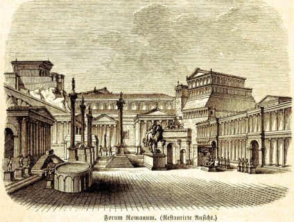 Roman Forum, restored view, architecture, central Roman marketplace, temple, columns, equestrian