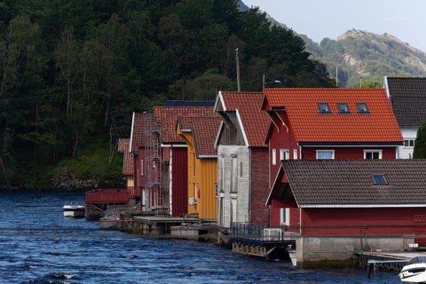 Historical wooden houses in a sleepy village by the river. Summer, Sireåna (Sireåna), Agder, Norway
