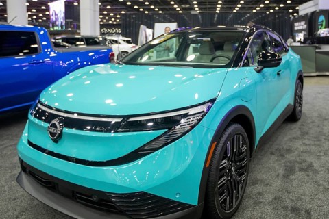 Detroit, Michigan USA - 14 January 2026 - The Nissan Leaf battery electric car on display at the