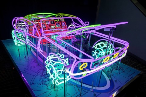 Detroit, Michigan USA - 14 January 2026 - A car made from neon glass tubing by artist Kory Sherer
