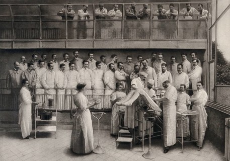 Operation, opening of the abdominal cavity, laparotomy surgery in Broca Hospital, nurses, doctors,