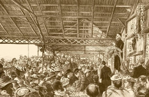 Sebastian Anton Kneipp (1821 1897), lecture by Sebastian Kneipp in the open hall in Bad Wörishofen,