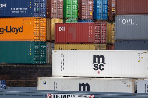 Shipping containers in the port of Mannheim. The port of Mannheim is considered one of the most
