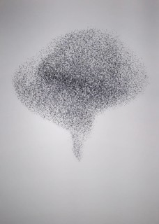 Starling (Sturnus vulgaris), huge flock in formation flight of a so-called murmuration in defence