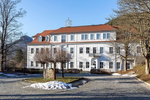 Exterior view of Prossen Castle with Lilienstein in the background, Bad Schandau, Saxon