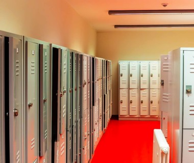 Interior view, lockers in a public library, Berlin, Germany