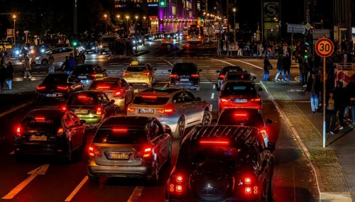 Evening rush hour traffic at Potsdamer Platz, Berlin, Germany