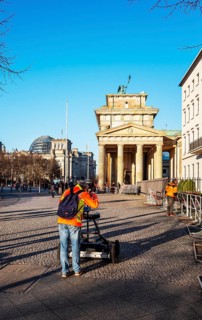 Measurement of the walkway at the Brandenburg Gate near the American Embassy, Berlin, Germany
