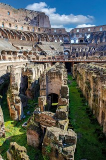 View of exposed hypogeum substructure brick walls from Arena Hypogeum of Colosseum from the time of