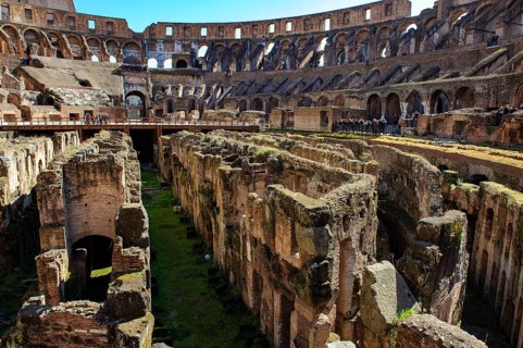 View of exposed hypogeum substructure brick walls from Arena Hypogeum of Colosseum from the time of