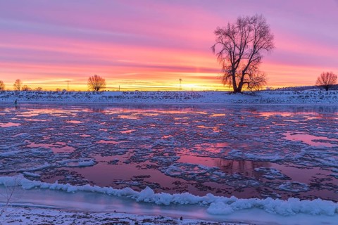 Cold winter morning on the Elbe with floating ice floes, snow and dawn at sunrise, Kötzschenbroda,