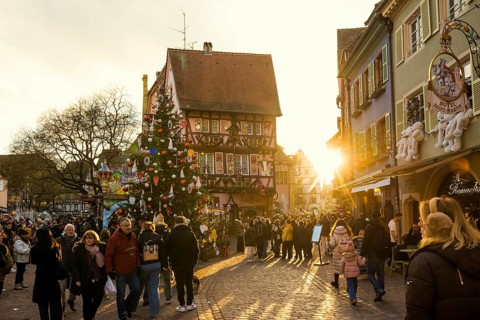 Christmas market, sunset, old town, Colmar, Haut-Rhin, Alsace, France