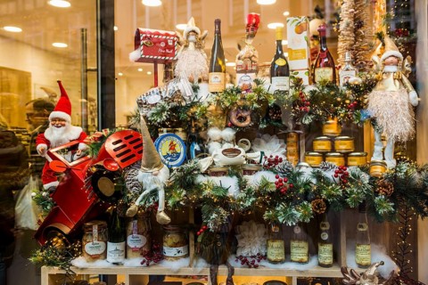 Christmassy decorated shop, Old Town, Colmar, Haut-Rhin Department, Alsace, France