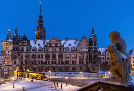 Royal Palace on a winter evening, exterior view with snow, Dresden, Saxony, Germany