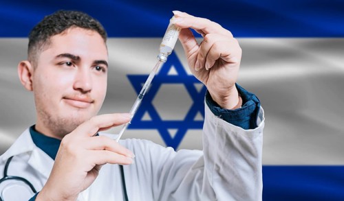 Doctor holding syringe on Israel flag background. Medical professional holding syringe with Israeli