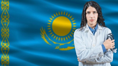 Kazakh national health system, Medical professional on Kazakhstan flag background