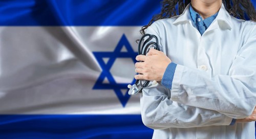 Healthcare professional with Israel flag background. Professional doctor holding stethoscope on