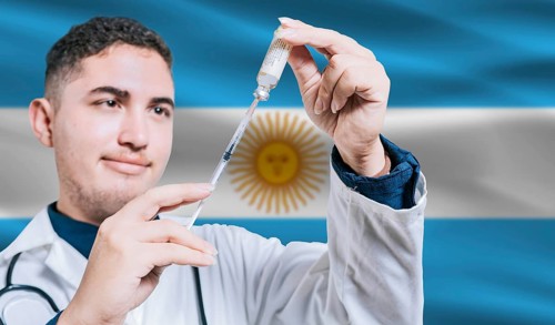 Doctor holding syringe on Argentina flag background. Medical professional holding syringe with