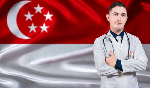 Portrait of medical professional on Singapore flag background. Singaporean national health system