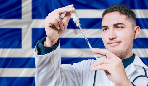 Doctor holding syringe on Greece flag background. Medical professional holding syringe with Greek