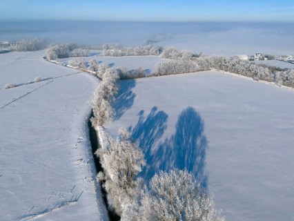 Winter peace with snow-covered fields and frosty trees under a clear blue sky, Fuhse river, Bülten,