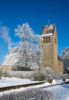 Church with snow-covered trees against a clear blue sky, winter scene, St. Mark's Church, snow,