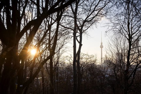 View of the Berlin TV Tower from Volkspark Friedrichshain on 07.01.2026