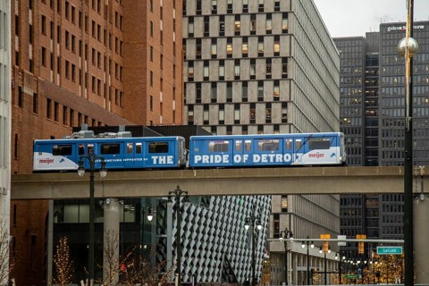 Detroit, Michigan - The Detroit People Mover, a one track elevated train that circles downtown. The