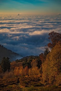 Aerial view, view from Königstuhl Heidelberg in evening light with Indian summer over autumnal fog