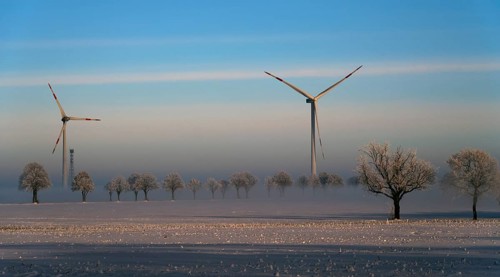 Wind turbines and snow-covered trees in a clear winter landscape, wind turbines between Solschen