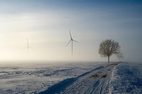 Snow-covered landscape in fog with wind turbines and a tree under a blue sky, wind turbine and tree