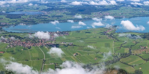 Panorama from Tegelberg, 1881m, on Schwangau, Waltenhofen, Forggensee and Hopfensee, Füssener Land,
