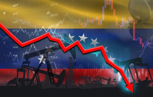 Crude crisis with Venezuelan flag on financial graph. Fall oil price with flag of Venezuela on