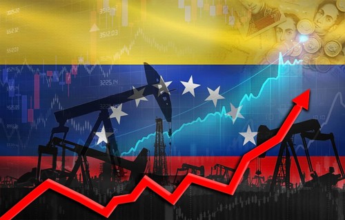Oil production with Venezuelan flag, petrol industry. Oil pumps with Venezuelan flag