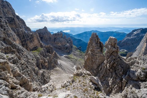 Spectacular mountain landscape with steep cliffs and rock towers, Via Ferrata Bocciere Centrale via