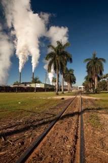 August 19, 2020, Sugar Mill. Industrial chimneys smoking under a clear blue sky on a bright sunny