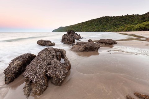 Scenic sunset view over the tropical coastline with calm ocean waves and golden light. Etty Bay