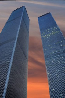 Towers from the World Trade Center, evening sky, September 2000, New York City, USA, historical