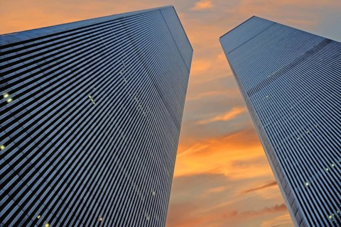 World Trade Center towers in the evening sky, September 2000, New York City, USA, historical