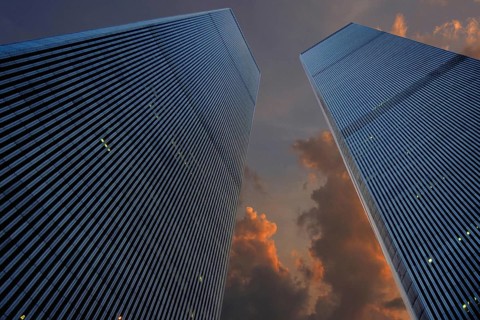 Towers from the World Trade Center, evening sky, September 2000, New York City, USA, historical