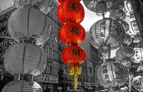 Red lanterns in front of a Chinese restaurant, black and white, China Town, New York City, USA