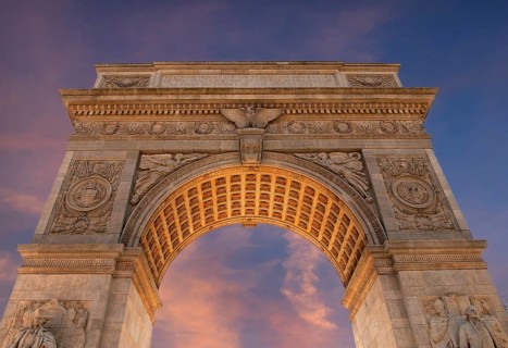 Arc de Triomphe in Washington Square, evening sky, New York City, USA