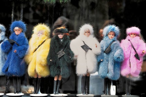 Barbie dolls in different colored fur coats in a shop window, New York City, USA